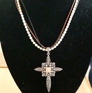 Gorgeous Large Sterling, Beige Stone, Marcasite Cross Pendant w/Costume Necklace